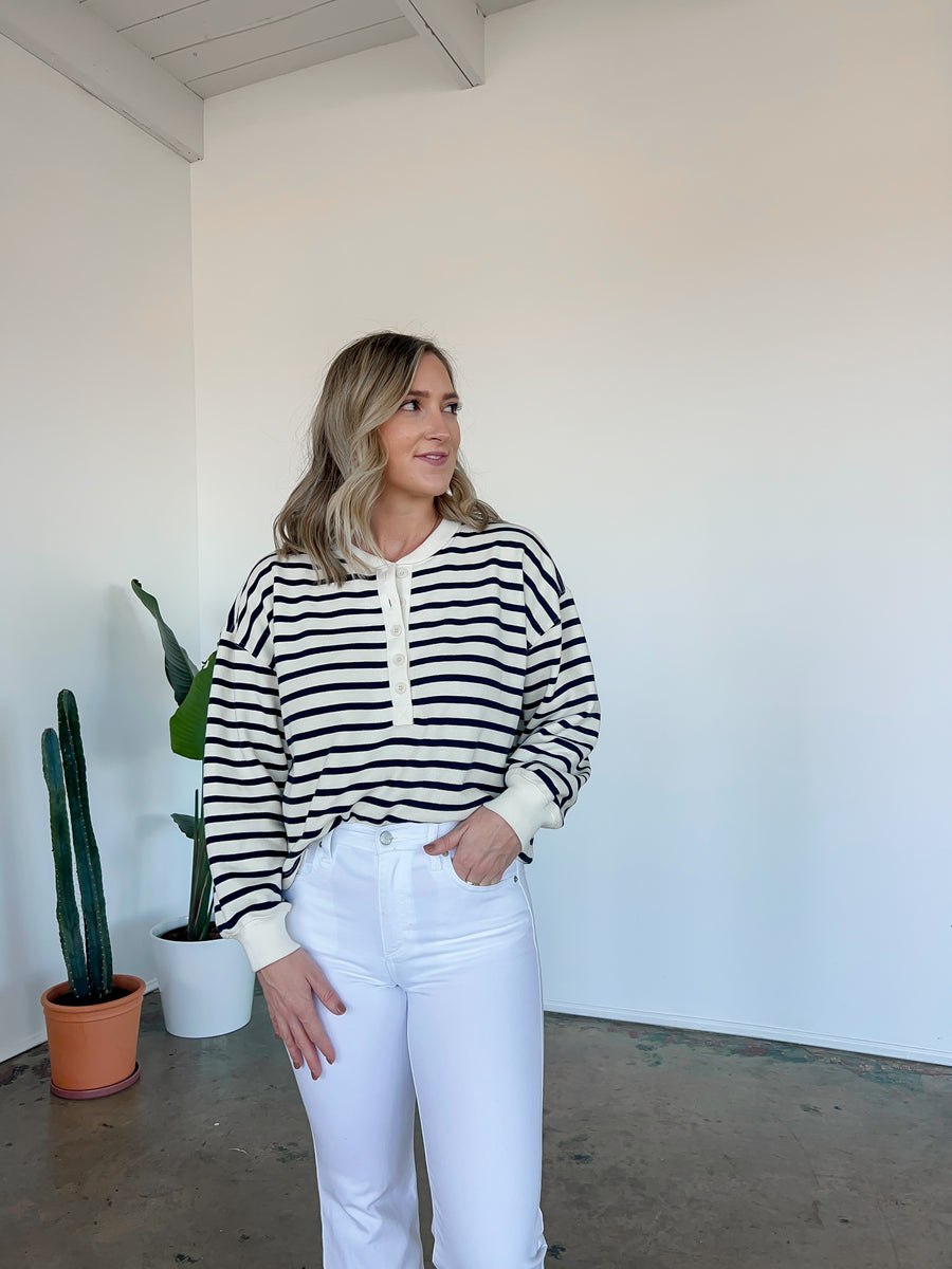 Striped Terry Button Top