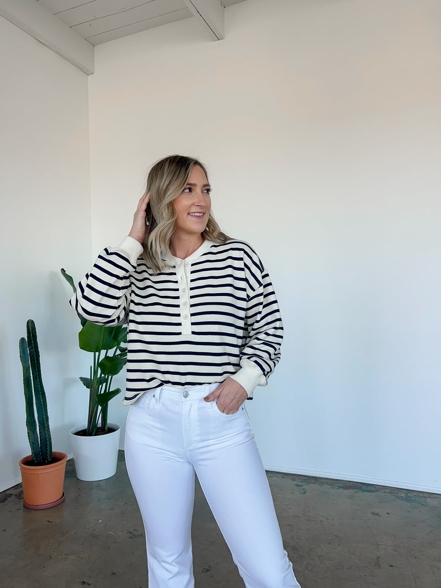 Striped Terry Button Top