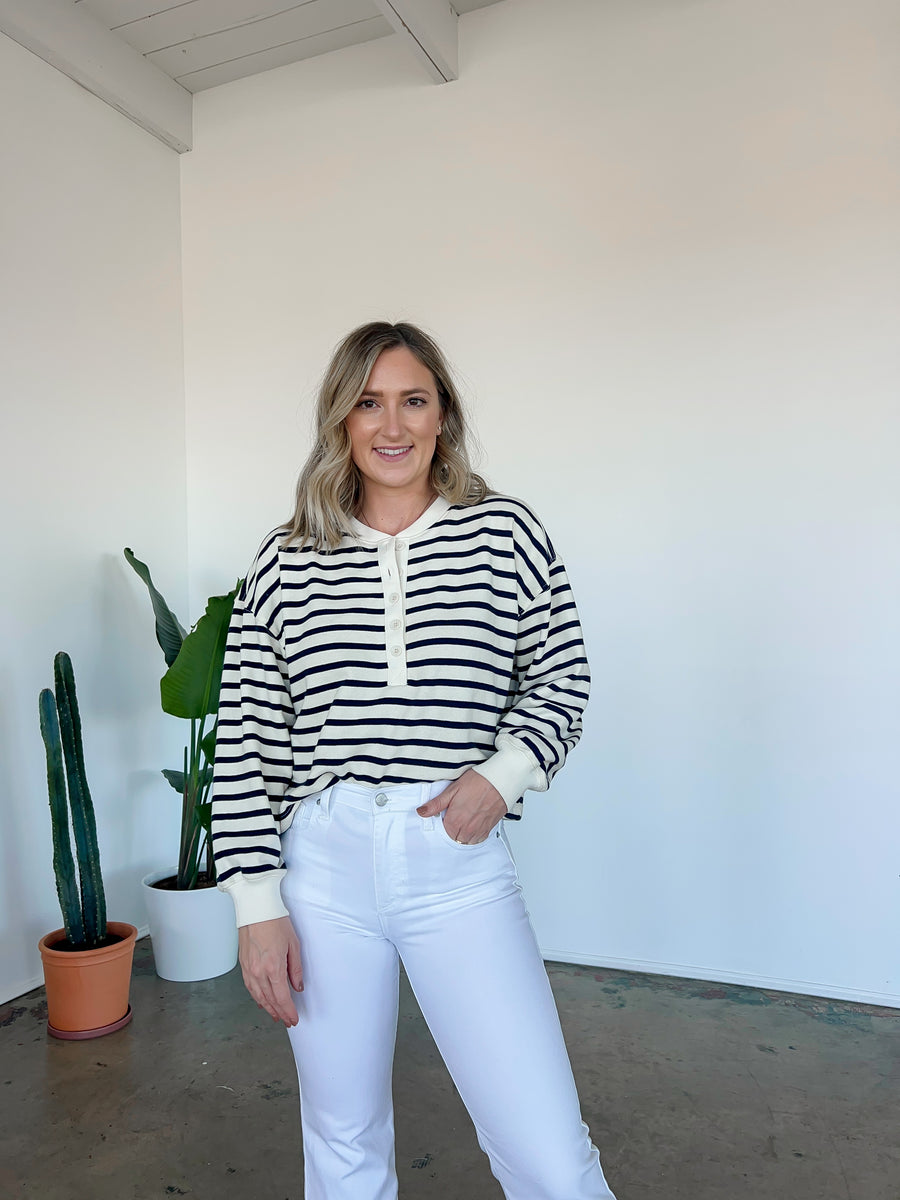 Striped Terry Button Top