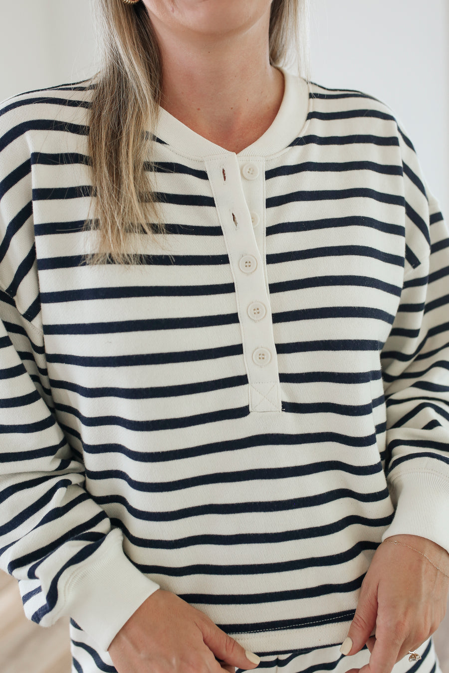 Striped Terry Button Top