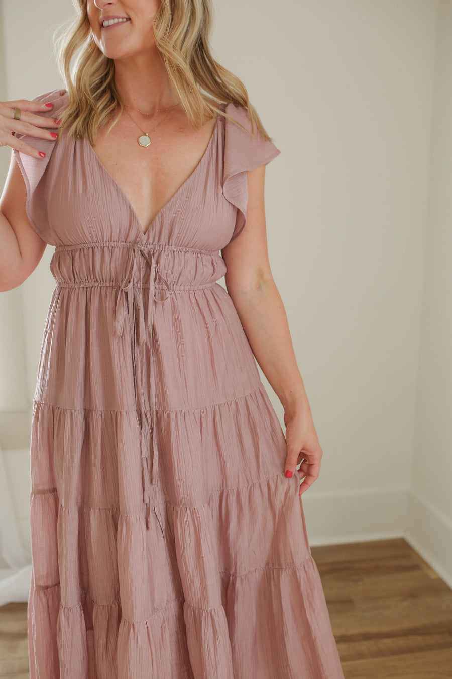 Mauve Ruffle Sleeve Midi Dress