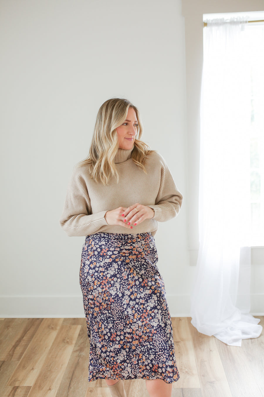 Navy Floral Midi Skirt