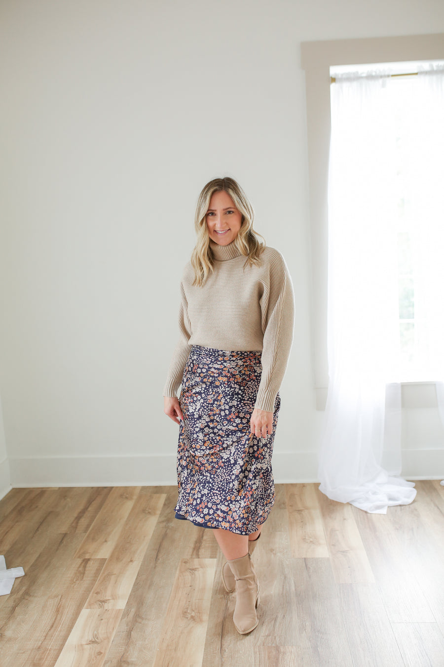 Navy Floral Midi Skirt