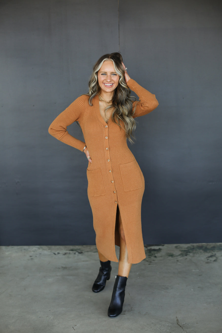 Hazelnut Ribbed Sweater Dress